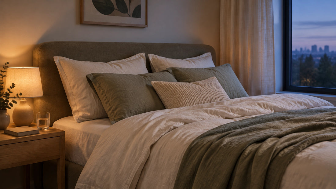 A calm bedroom at dusk with soft linen bedding, a warm bedside lamp and a cool, restful atmosphere