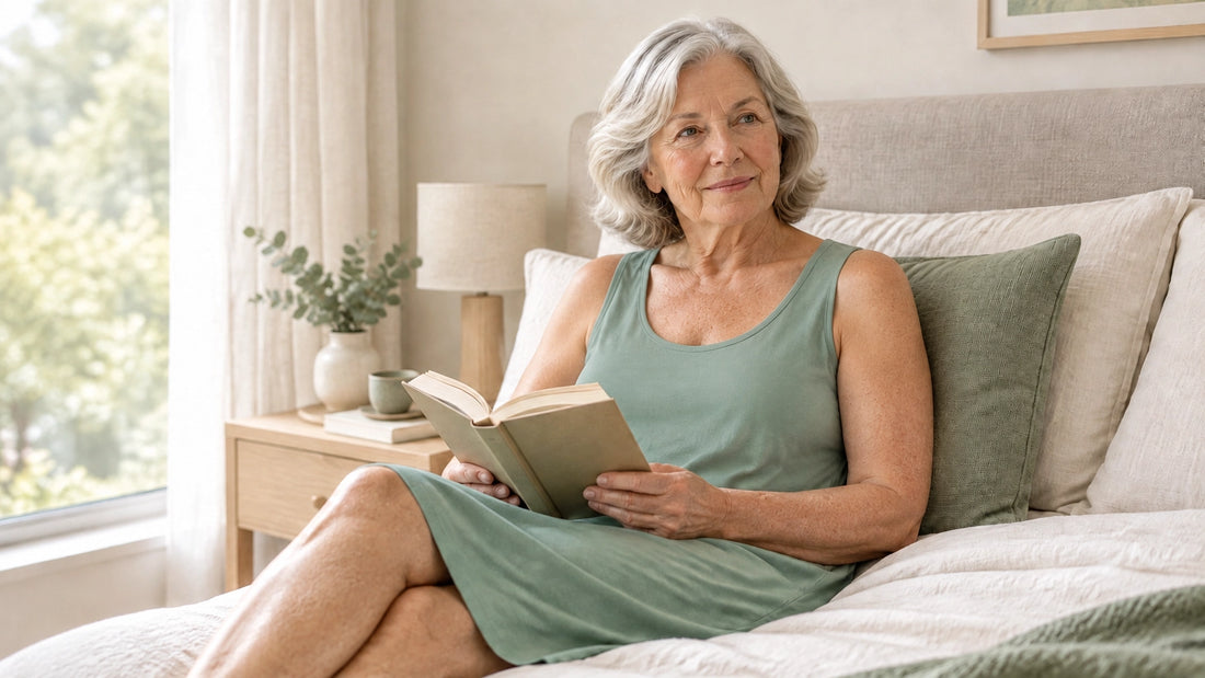 Older woman relaxing in a sage-green singlet nightdress in a calm, private bedroom
